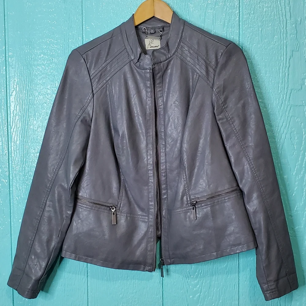 ❤️ JouJou faux leather gray motorcycle jacket with zipper & 2 pockets si… - Picture 1 of 4